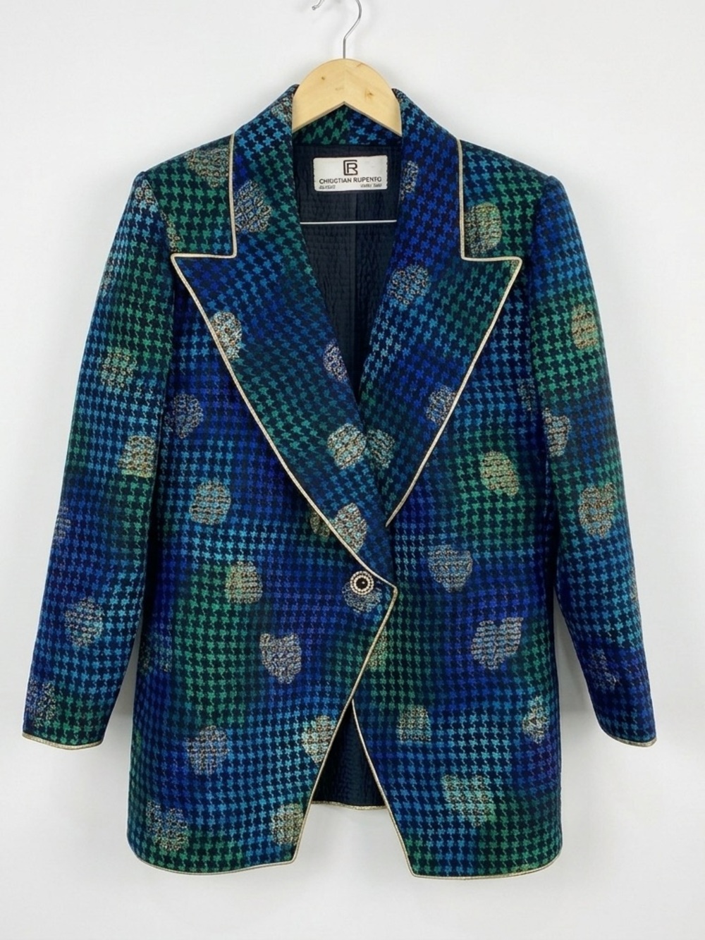VTG Christian Ruperto Milano Quilted Metallic Gold Houndstooth Blazer Jacket M/L